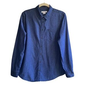 LIZ CLAIBORNE Navy Blue Cotton Blouse Shirt SZ L Casual Comfy Chambray Polka Dot